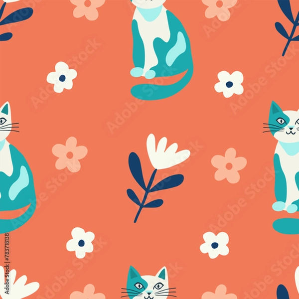 Obraz Seamless pattern vector image in flat cartoon style, cat and flowers on orange background