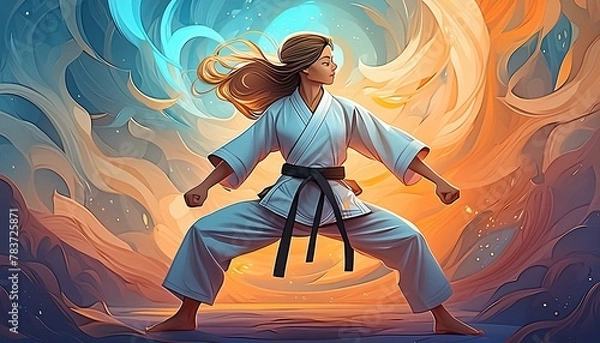 Fototapeta cartoon style young martial arts player strong girl in challenge pose for training and success at self defense sports like karate , kung fu and judo championships
