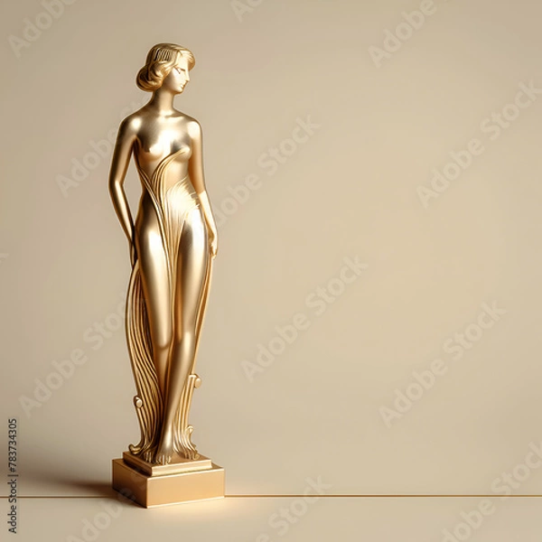 Fototapeta Golden Female Statue in an Art Deco Style Frame on a Black Background