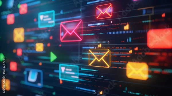 Obraz Representing online communication, the image shows glowing email icons among digital lines
