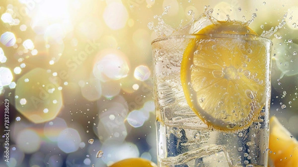Fototapeta Bubbly tonic with lemon in glass.