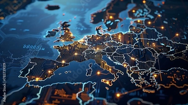 Fototapeta Glowing Printed Circuits Map of Western Europe on Computer Chip: Global Network and Connectivity