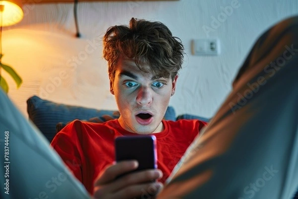 Fototapeta Portrait of a young cheerful excited man using mobile phone. the young guy looks at the phone in surprise and is in shock with his mouth slightly open. emotions from the phone surprise at what I read