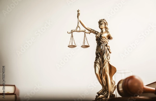 Obraz A brown wooden desk in a courtroom symbolizes authority and legal proceedings. It serves as a platform for lawyers to pursue justice, balancing equality and delivering judgments in the legal system.