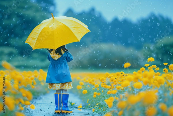 Fototapeta Back view of girl with yellow umbrella and blue raincoat generated by AI