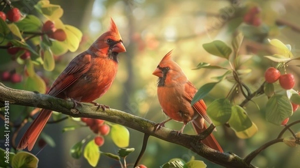 Fototapeta Two red Northern Cardinal birds perching on a branch of a tree