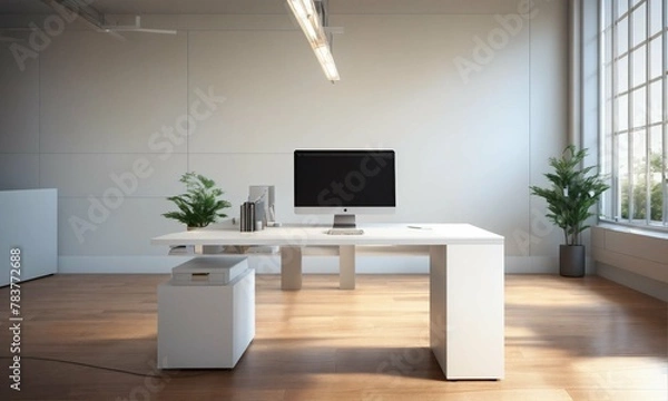 Obraz white wood office desk, close up, cubic office, computer, perspective, modern, simple, photo-realistic, 8K, high-definition