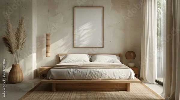 Fototapeta A 3D rendered modern minimalist bedroom, with clean lines and a neutral color palette. The mockup frame is centrally placed above a sleek, low-profile bed, against a textured white wall.
