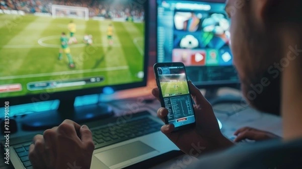 Fototapeta male hands with smartphone. Man watching soccer play online broadcast on his laptop, cheering for favourite team, making bets using mobile application.