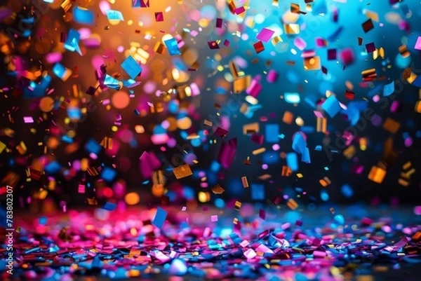 Fototapeta An abundance of colorful confetti pieces scattered in the air against a vivid gradient backdrop