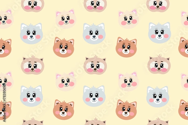 Obraz Seamless pattern with cute kawaii cat, kitty, kitten face or head for nursery, print or textile for kids on light soft yellow background