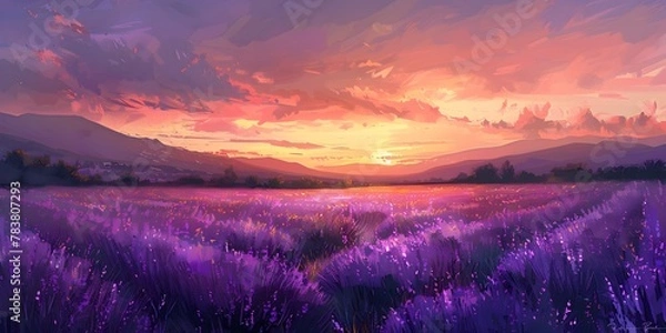 Fototapeta Tranquil Lavender Field at Sunset with Warm and Cool Tones