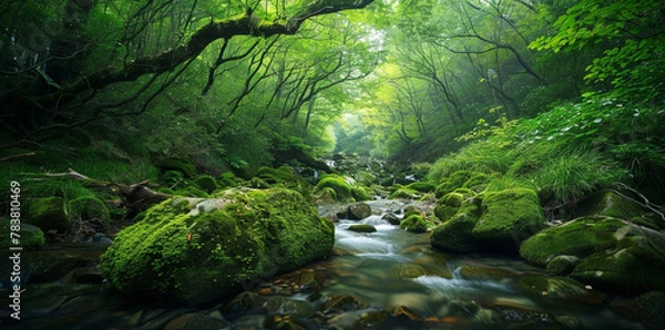 Fototapeta A serene and lush forest with vibrant green trees, a clear stream flowing through the center of the frame, moss-covered rocks on both sides. 