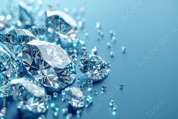 Fototapeta Cluster of stunning diamonds spread on a blue surface with reflections creating a radiant effect
