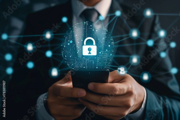 Fototapeta Businessman protecting data personal information on smartphone. Cyber security network concept