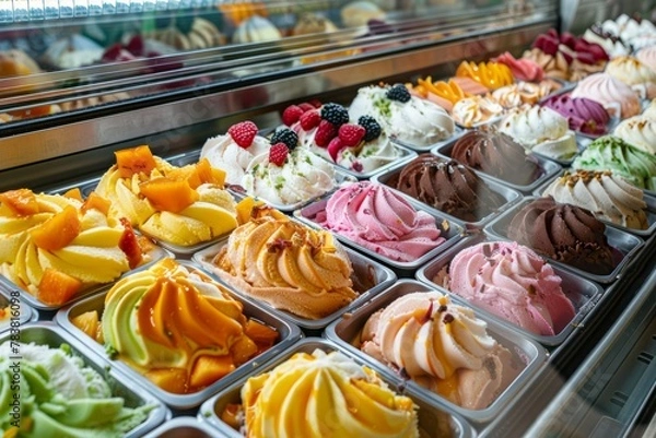 Fototapeta Vibrant scoops of traditional Italian gelato in assorted fruit flavors showcased in a glass display case for summertime