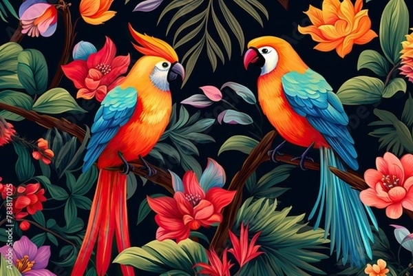 Fototapeta A painting of two parrots perched on a branch surrounded by colorful flowers in a forest setting. Generative AI
