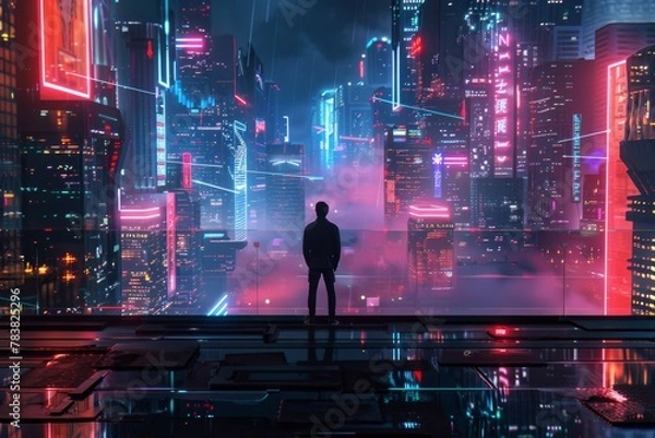 Fototapeta Solitary figure standing in futuristic cityscape with neon lights and rain, evoking cyberpunk aesthetics