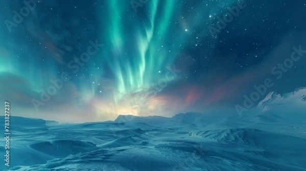 Fototapeta Aurora Borealis illuminating the arctic sky over a frosty and silent snowscape