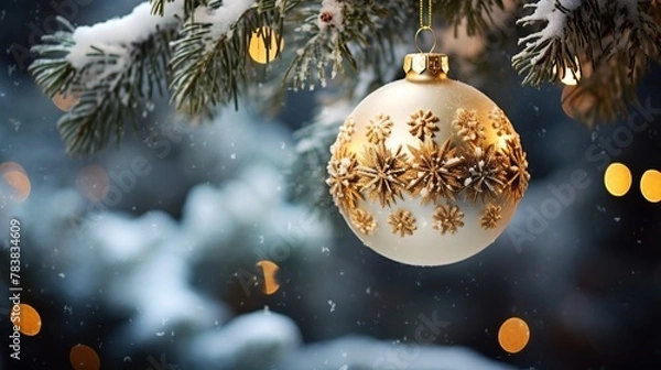 Fototapeta Hanging snow ball with fir branch and golden glitter on blurred snow background.