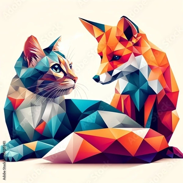 Obraz ネコとキツネの、ポリゴンイラスト