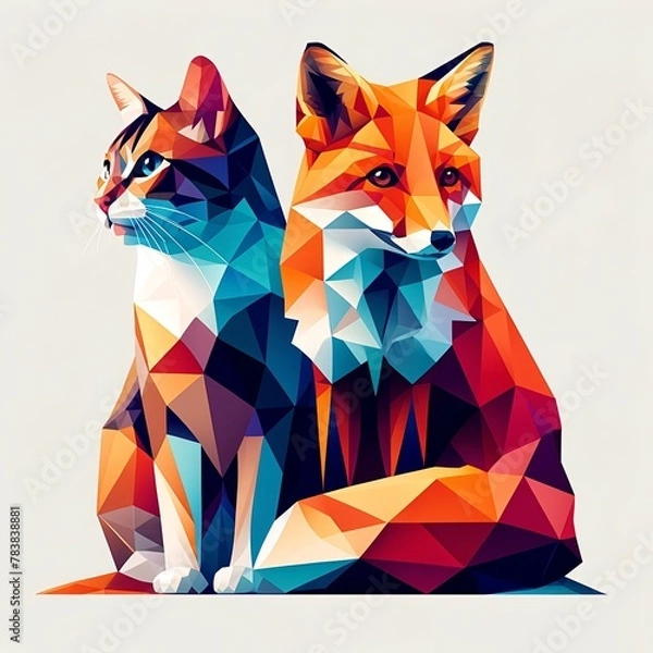 Obraz ネコとキツネの、ポリゴンイラスト