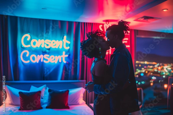 Fototapeta A couple kissing in a hotel room, in the background, a neon banner with the word "Consent". Generative Ai.