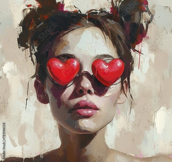 Fototapeta Generative ai portrait of a woman's face with her eyes covered with red hearts
