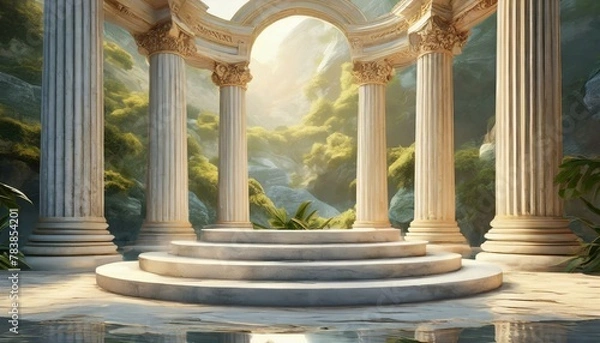 Fototapeta Background podium column 3d roman luxury greek white ancient display product classic. Podium platform background column pillar stage minimal stand beauty design greece render scene plant cosmetic rome