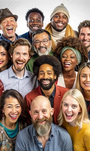 Fototapeta A diverse group of happy laughing people of different nationalities in colorful clothes.