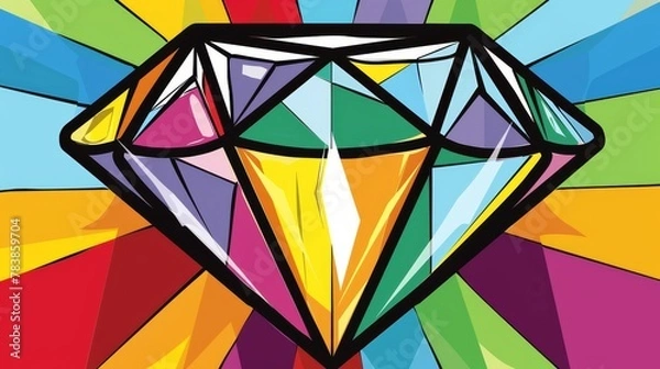 Fototapeta   Multicolored diamond on a vibrant, multicolored background with a sunburst at its center