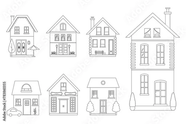 Fototapeta Set of isolated cute houses outline small buildings and trees. Village homes with windows vector illustration