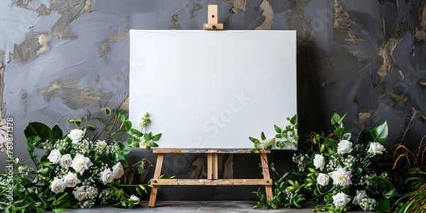 Fototapeta A white blank canvas on an easel with white flowers and greenery around on  a plain background..Empty white board for the guest list or photo. 