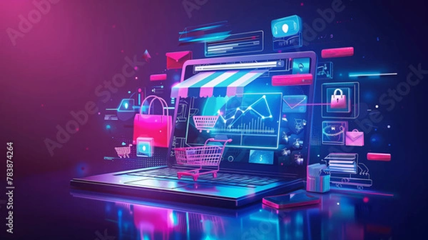 Fototapeta Futuristic e-commerce concept with neon graphics on a laptop screen