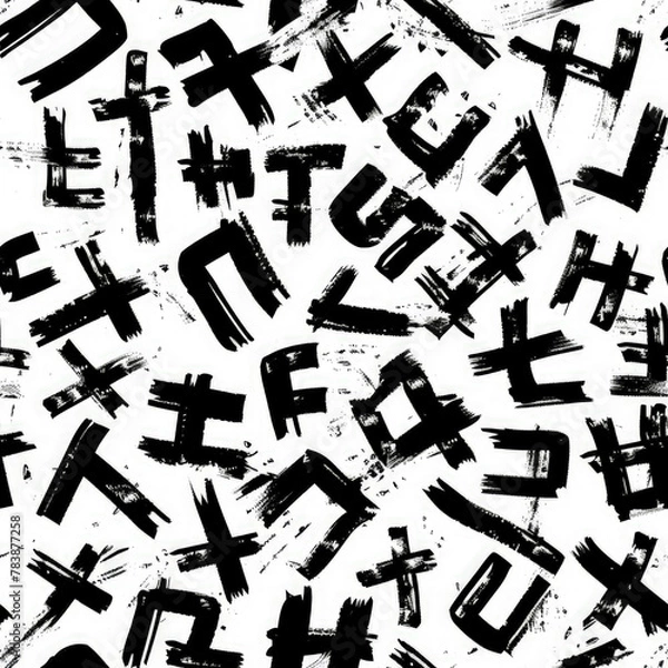 Fototapeta pattern of abstract glyphs resembling an undecipherable script, using black strokes on a pure white background
