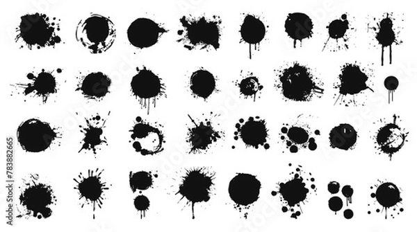 Fototapeta Set of abstract black ink splashes and blots on a white background. Vector collection of black paint splatters, grunge artistic effect. Ink stains and blotches textures
