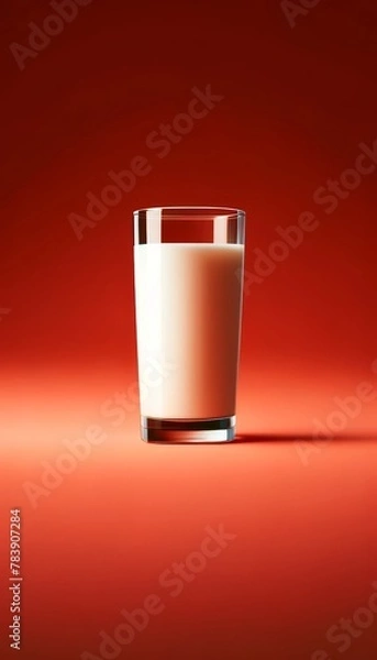 Fototapeta A tall glass of milk on a solid red background.The image is vertical, with a striking backdrop.