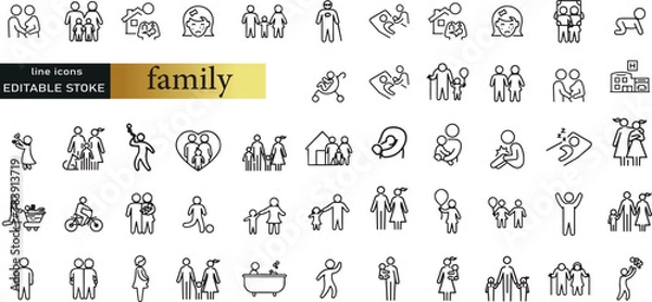 Fototapeta Types of family structures. Thin line icon set. Symbol collection in transparent background. Editable vector stroke