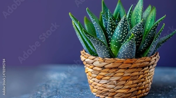 Fototapeta   A tight shot of a plant in a wicker basket against a blue backdrop Behind it, a purple wall is visible