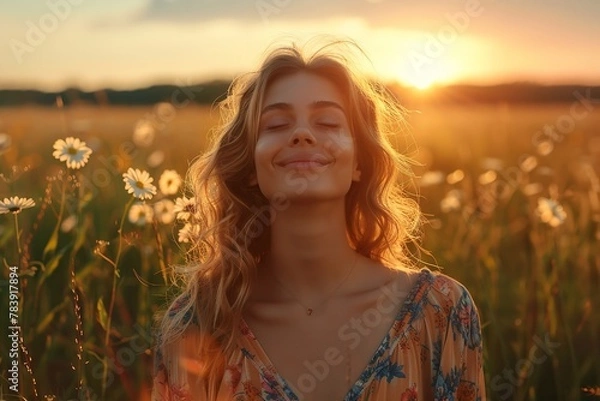 Fototapeta Beautiful, content, smiling, free woman in a backlit portrait. Generative Ai