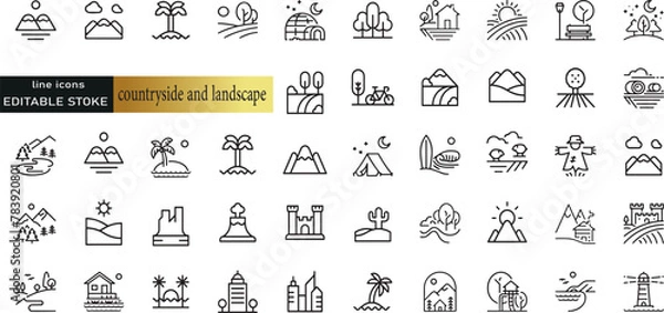 Fototapeta Line icons about countryside and landscape. Thin line icon set. Symbol collection in transparent background. Editable vector stroke