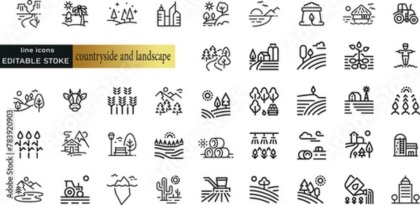 Fototapeta Line icons about countryside and landscape. Thin line icon set. Symbol collection in transparent background. Editable vector stroke