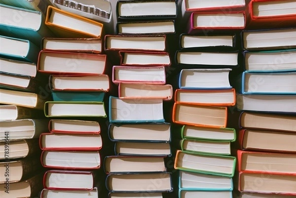 Fototapeta Abundance of books arranged in a tidy stack on table