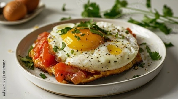 Obraz Sunny Side Up Egg on Toast with Fresh Tomatoes and Parsley