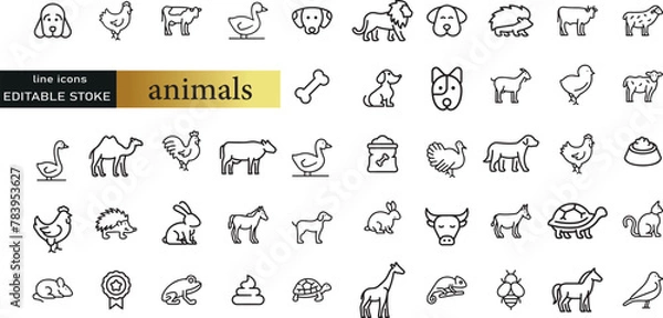 Fototapeta Farm and hunting animals, thin line icon set. Symbol collection in transparent background. Editable vector stroke