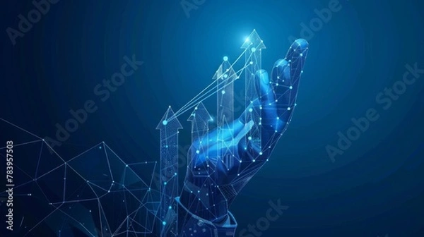 Obraz Abstract digital businessman hand holding rising arrows in futuristic style. Successful business and growth strategy concept. Low poly wireframe vector illustration on technological blue background