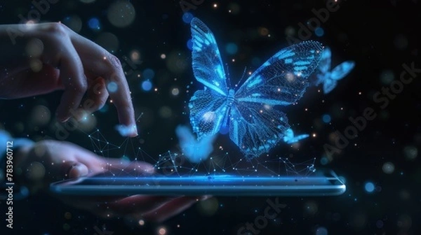 Fototapeta Abstract digital butterfly flying out from tablet computer. The businessman holds the device and taps on screen. Technology evolution and innovation concept. Futuristic low poly wireframe illustration