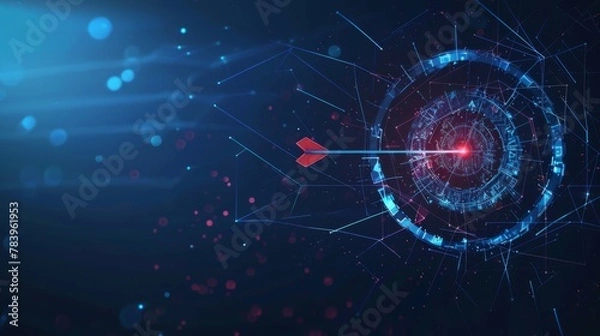 Obraz Abstract digital target with an arrow in the center. Growth strategy or financial goal concept. Futuristic low poly wireframe vector illustration on blue technology modern background. The bull's eye
