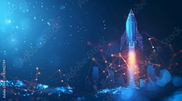 Fototapeta Abstract growth graph chart with launch rocket on technology blue background. Startup and success business concept. Boost metaphor in futuristic light blue style. Low poly