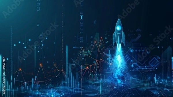 Fototapeta Abstract growth graph chart with launch rocket on technology blue background. Startup and success business concept. Boost metaphor in futuristic light blue style. Low poly